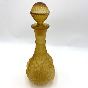 Vintage Italian Frosted Amber Glass Decanter Embossed Grapes & Leaves w/ Stopper